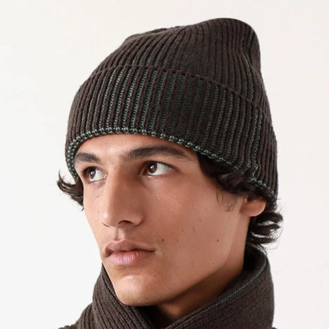 Ribbed Knit Beanie: Slate Brown & Forest Green