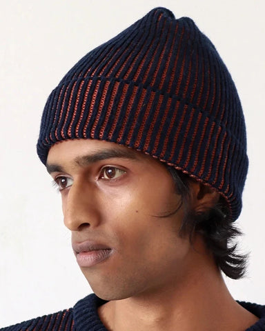 Ribbed Knit Beanie: Navy Iris & Burnt Orange