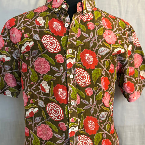 Red Blooms Print Shirt S/S: Dark