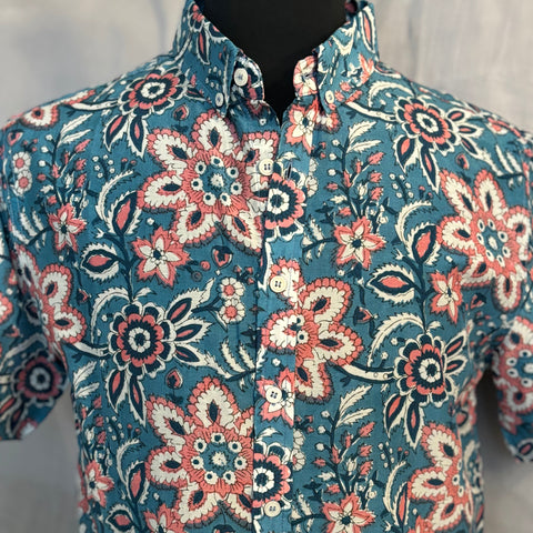 Melon/White Flower Print Shirt S/S: Teal