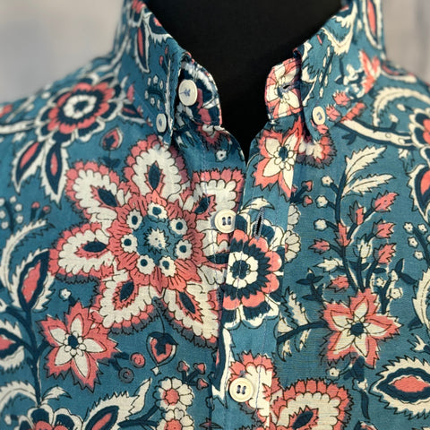 Melon/White Flower Print Shirt S/S: Teal