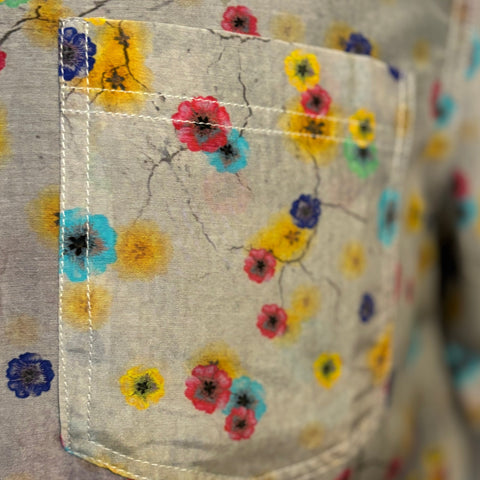 Colorful Flowers Silk & Cotton Shirt S/S: Lt Grey