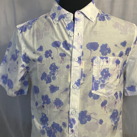 Periwinkle/Grey Flowers Silk & Cotton Shirt S/S: White